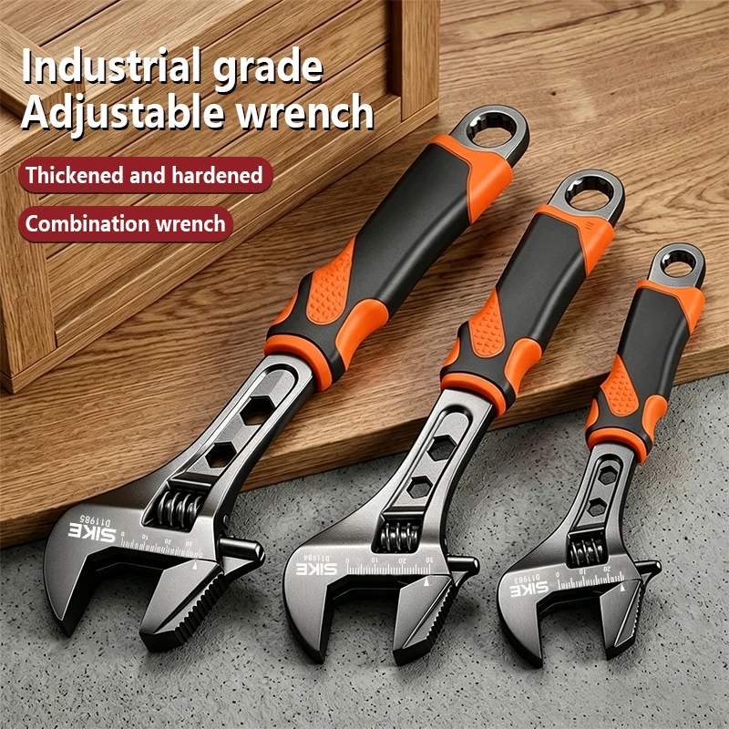 Open-end wrench, 8/10/12 inch black nickel dual-purpose adjustable wrench, manual repair tool for machine shops.