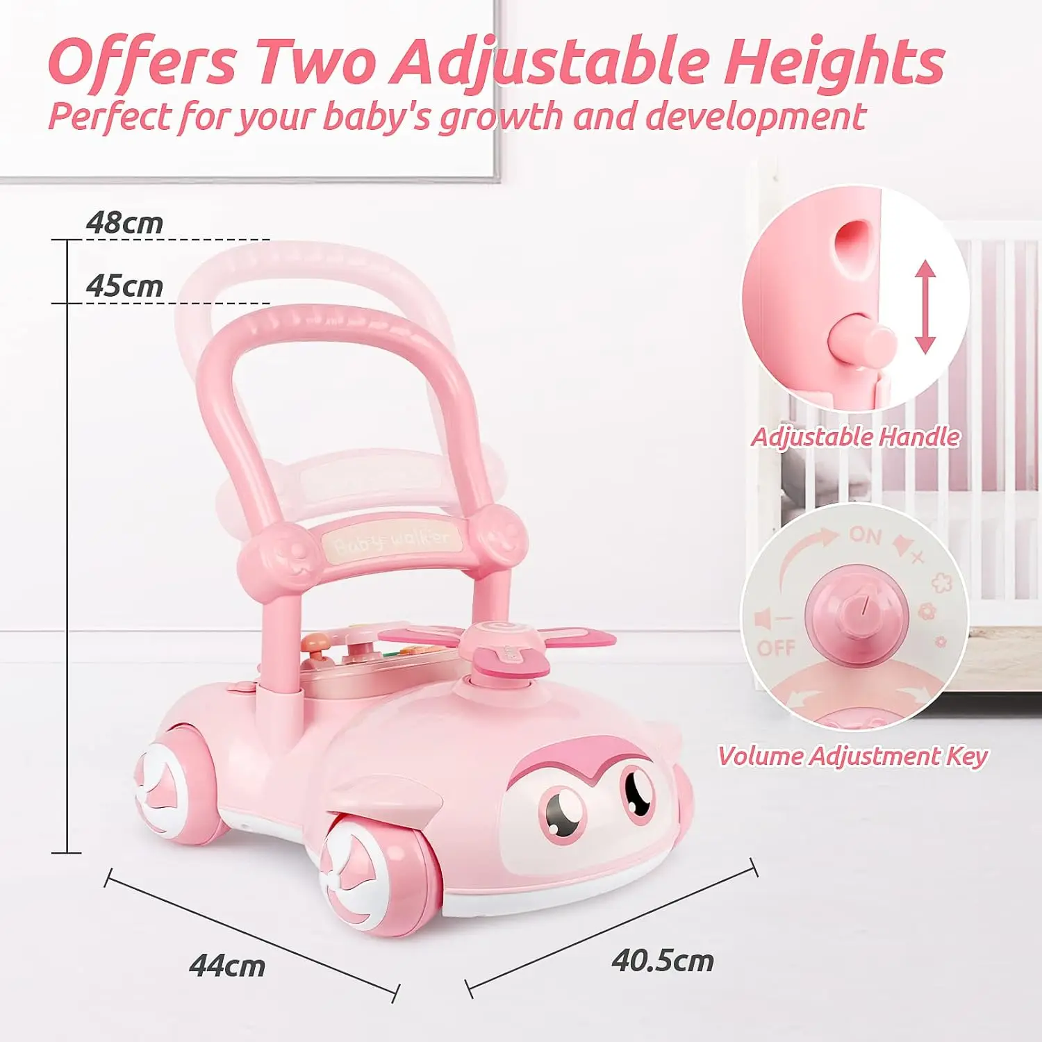 รถหัดเดินรูปการ์ตูนพร้อมการปรับความสูงสองระดับและปรับความเร็วได้, เพลง, พัดลมหมุน, ของขวัญอายุหนึ่งปี, ของขวัญคริสต์มาส, ของขวัญวันเด็ก