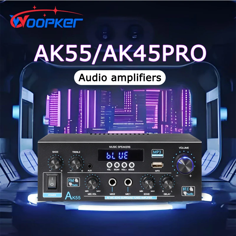 Woopker AK55/AK45 Pro/AK390/AK380 Sound Amplifier Bluetooth Amplifier HiFi Digital Audio Subwoofer 2 Channel FM USB Home Theater