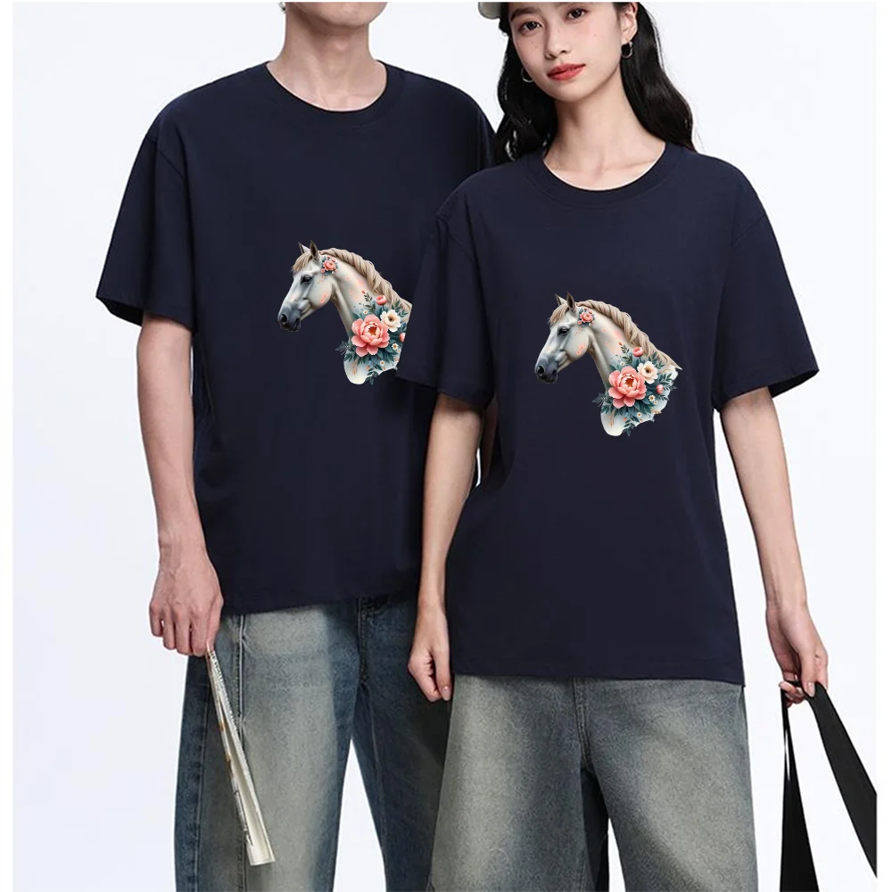 White Horse With Flowers Printed T Shirt Breathable Fabric S-XXL Personalized Custom T Shirt Casual Short Sleeve Tee Aesthetic G