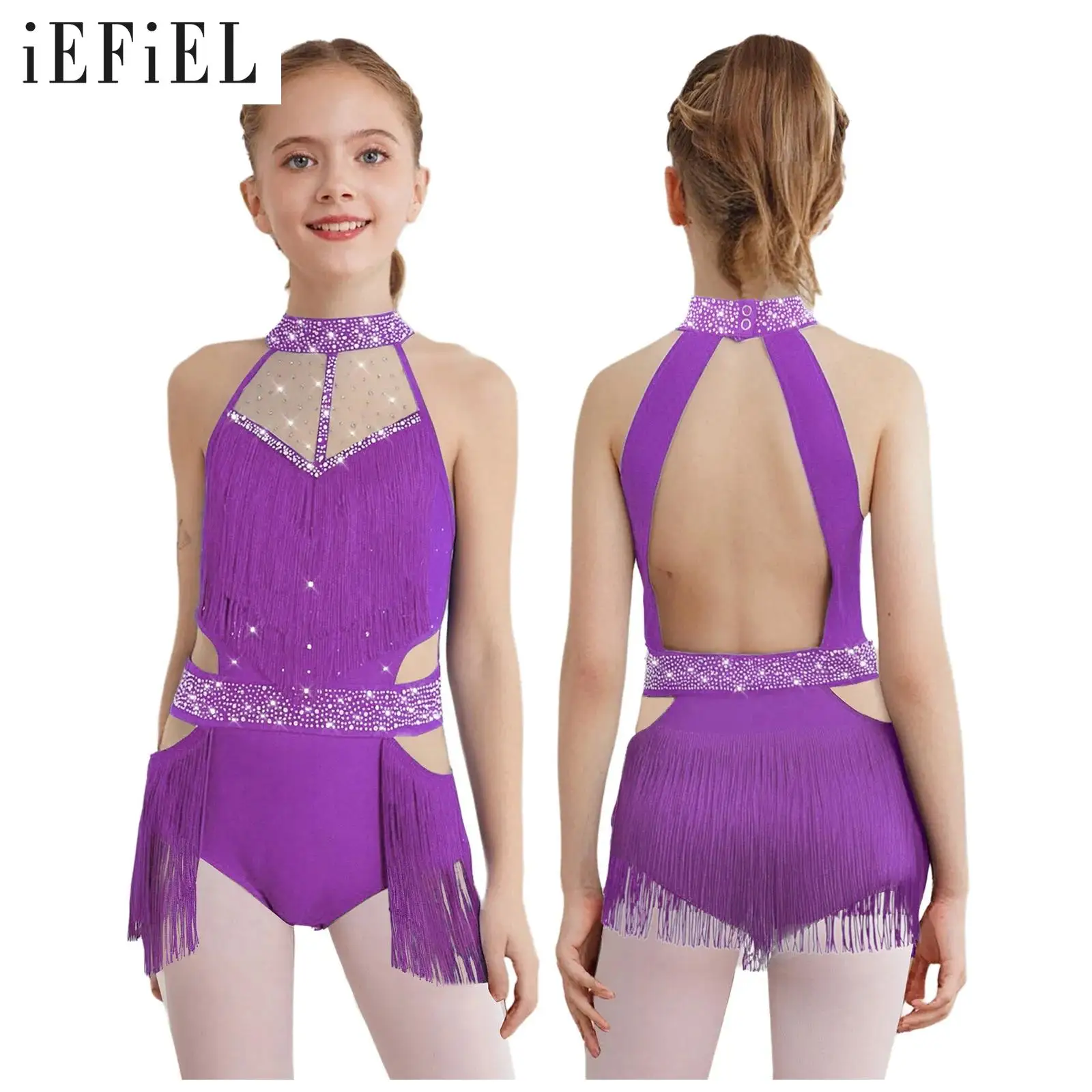 

Kids Girls Latin Jazz Dance Leotard Sleeveless Cutout Back Sheer Mesh Rhinestones Bodysuit Modern Contemporay Lyrical Dancewear