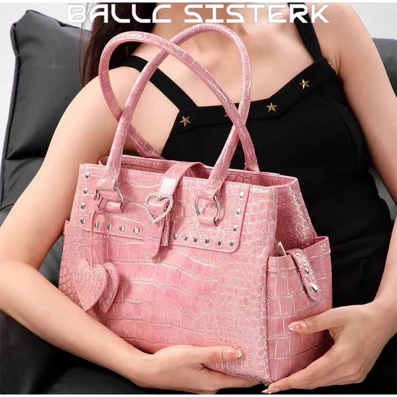 Umhängetasche mit Krokodilmuster und Prägung, Damenhandtasche mit großem Fassungsvermögen, Designer-Aktentasche, Y2k-Mädchen-Pendlermode-Handtasche, Rosa – Detail 15