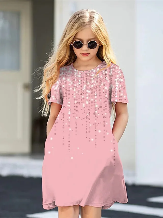 Summer print girls off-the-shoulder round neck fashion dress hot sale