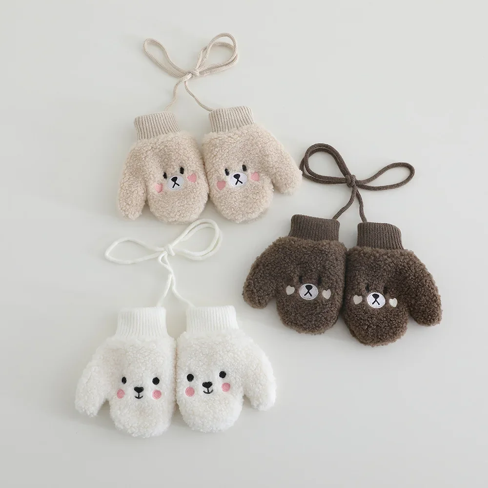 

2025 Winter Children's Gloves Thickened Hanging Neck Plush Gloves For Boys Girls Cute Cartoon Lamb Fleece Warm Baby Mittens