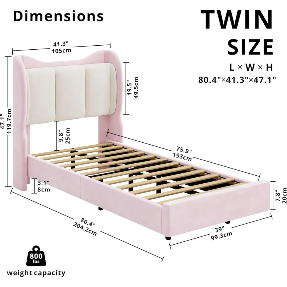 Bed Bases & Frames Pink Beds No Box Spring Needed Upholstered Twin Platform Bed Frames With Cartoon Cat Ears Shaped Headboard