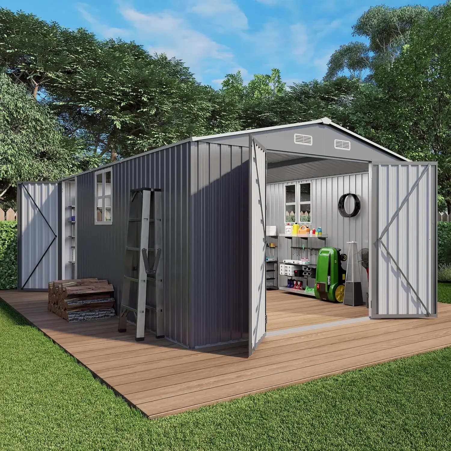 Caseta de Almacenamiento Exterior de 10x14x6.7 Pies, Caseta de Jardín de Acero Galvanizado con Puerta y Ventana con Cerradura, Caseta Metálica Impermeable para Herramientas