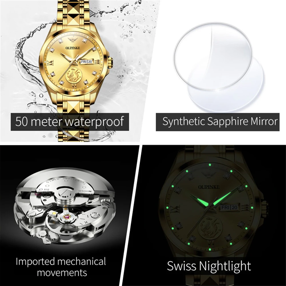 OUPINKE Automatic Watch for Women Luxury Real Gold Phoenix Inlaided Mechanical Watch Swiss Luminous Waterproof Ladies Wristwatch