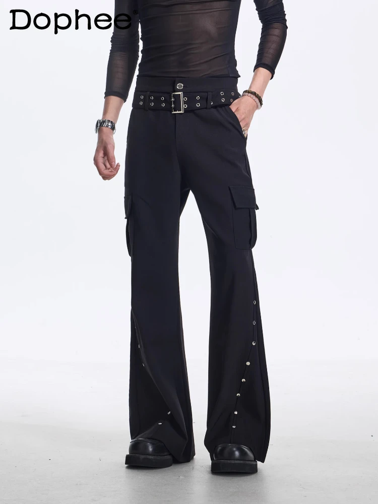 

2025 Men's Autumn New Fashion Belt Splicing Rivet Slim Fit Flared Trousers Long Pants Trendy Handsome Pocket Decoration Trousers