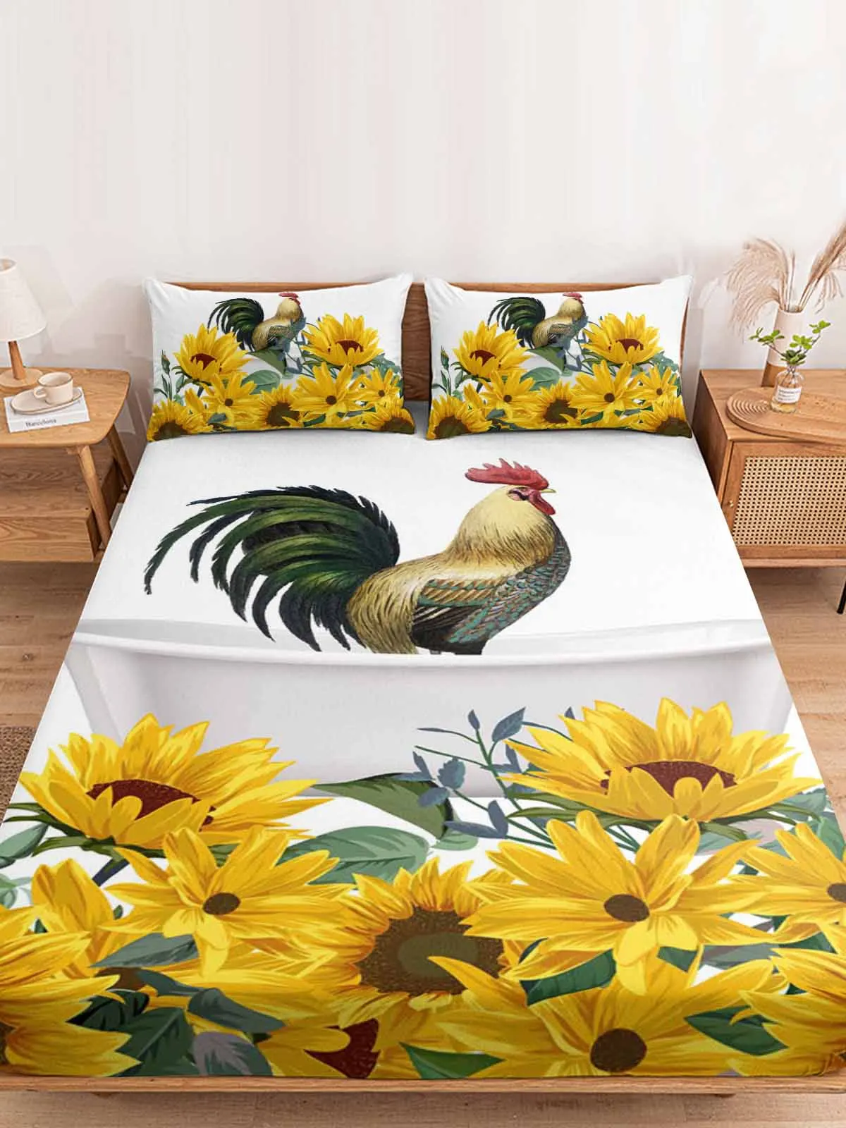 Farm Animal Sunflower Rooster Bathtub Fitted Bed Sheet Cover Elastic Band Anti-slip Mattress Protector for Single Double King