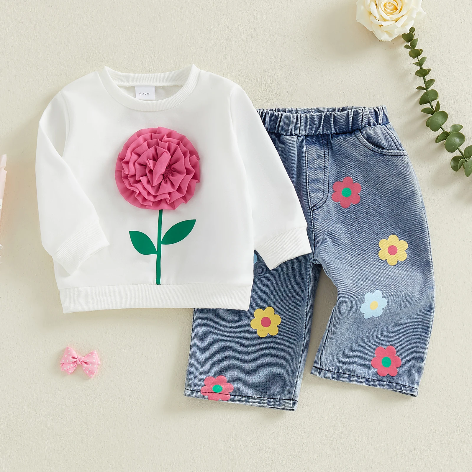 1-4Y Fashion Toddler Baby Girl Spring Outfit Flower Long Sleeve Sweatshirt Denim Pants 2 Piece Children's Sets