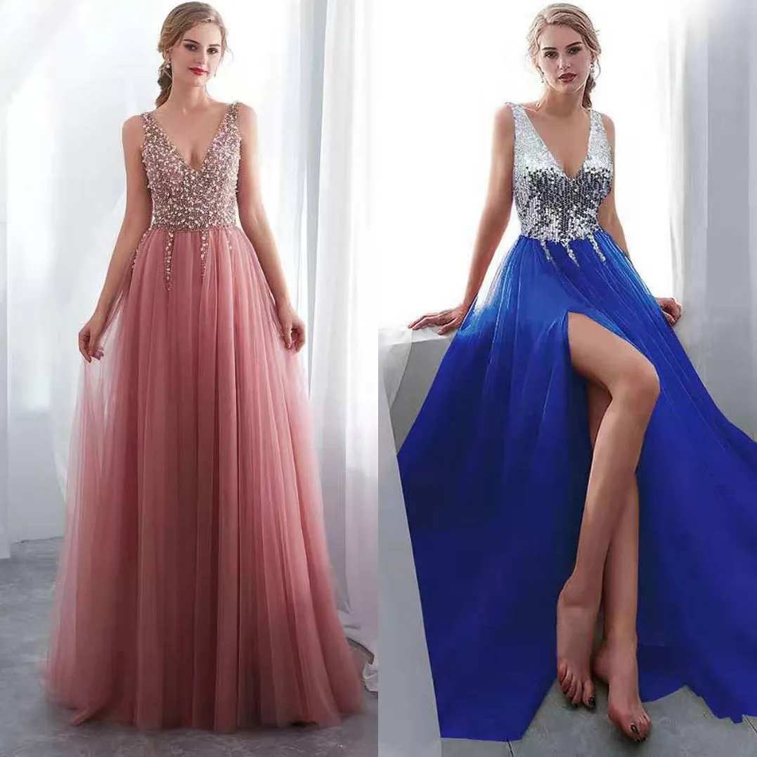 

Ele Deep V Ne Svel Long Dr for Women Flowing Skirt Split Sparkling Par Evening Gown Princ Sle XXL Size