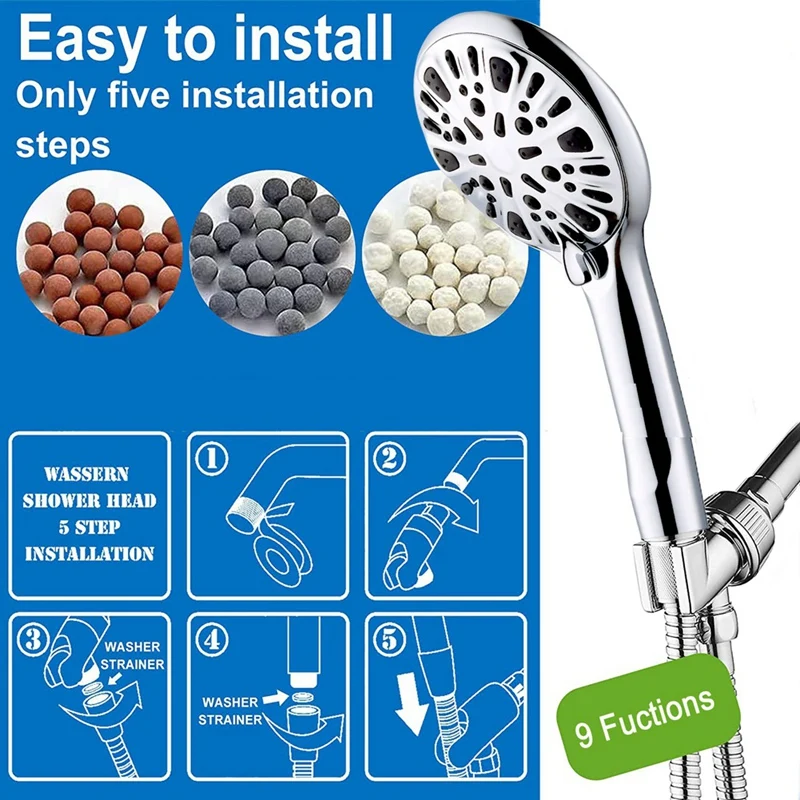 Shower Head, 9 Settings High Pressure Handheld Shower Head With Massage Spa And Pause Mode, Easy To Install Sprinkler