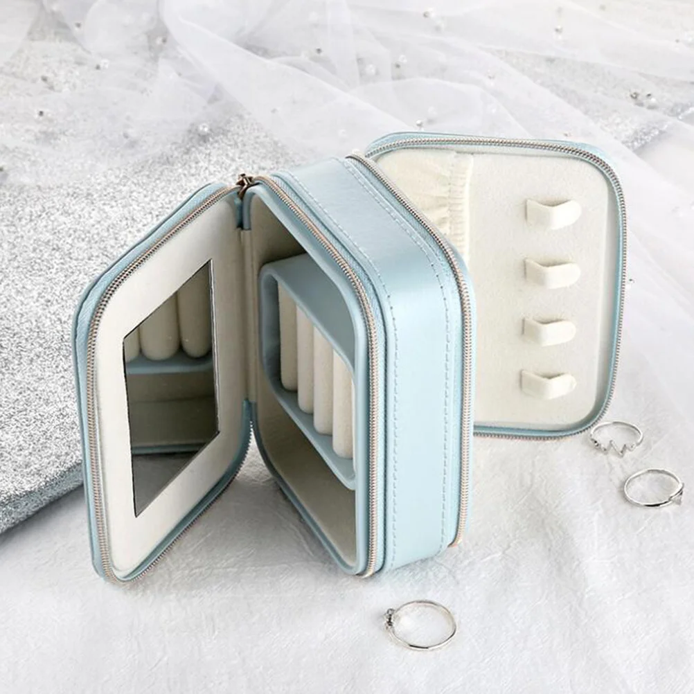 

PU Zippered Jewelry Box Light Blue Portable Compact Case with Mirror for Women Travel Storage Organizer