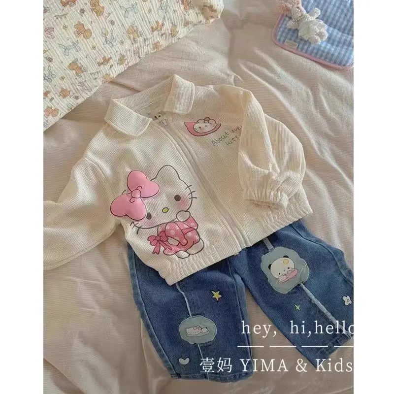 Children's Jacket Spring and Autumn Children Cartoon Long Sleeve Jacket Kawaii Kt Cat Casual Tops Girls Sweet Lapel Zipper Coat