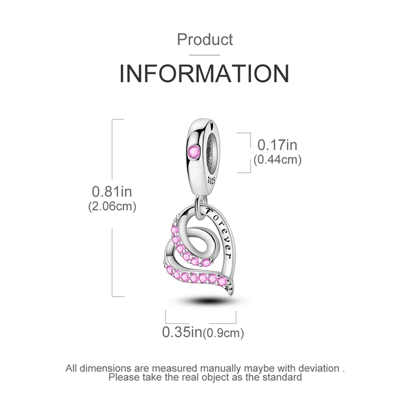 925 Sterling Silver Pink Diamond Three Dimensional Love Pendant Fit DIY Bracelet Necklaces Eternal Confession Couple Gift