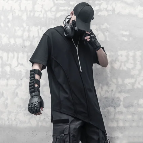 Summer New Men Dark Punk Style Tactical T Shirt Y2K High Street Irregular Hem Design Short Sleeve Techwear Tops Camisetas