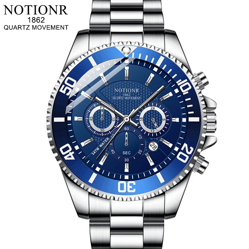 NOTIONR Luxury Men Blue Business Watches Fashion Mens Stainless Steel Quartz Watch Man Casual Luminous Clock montre homme