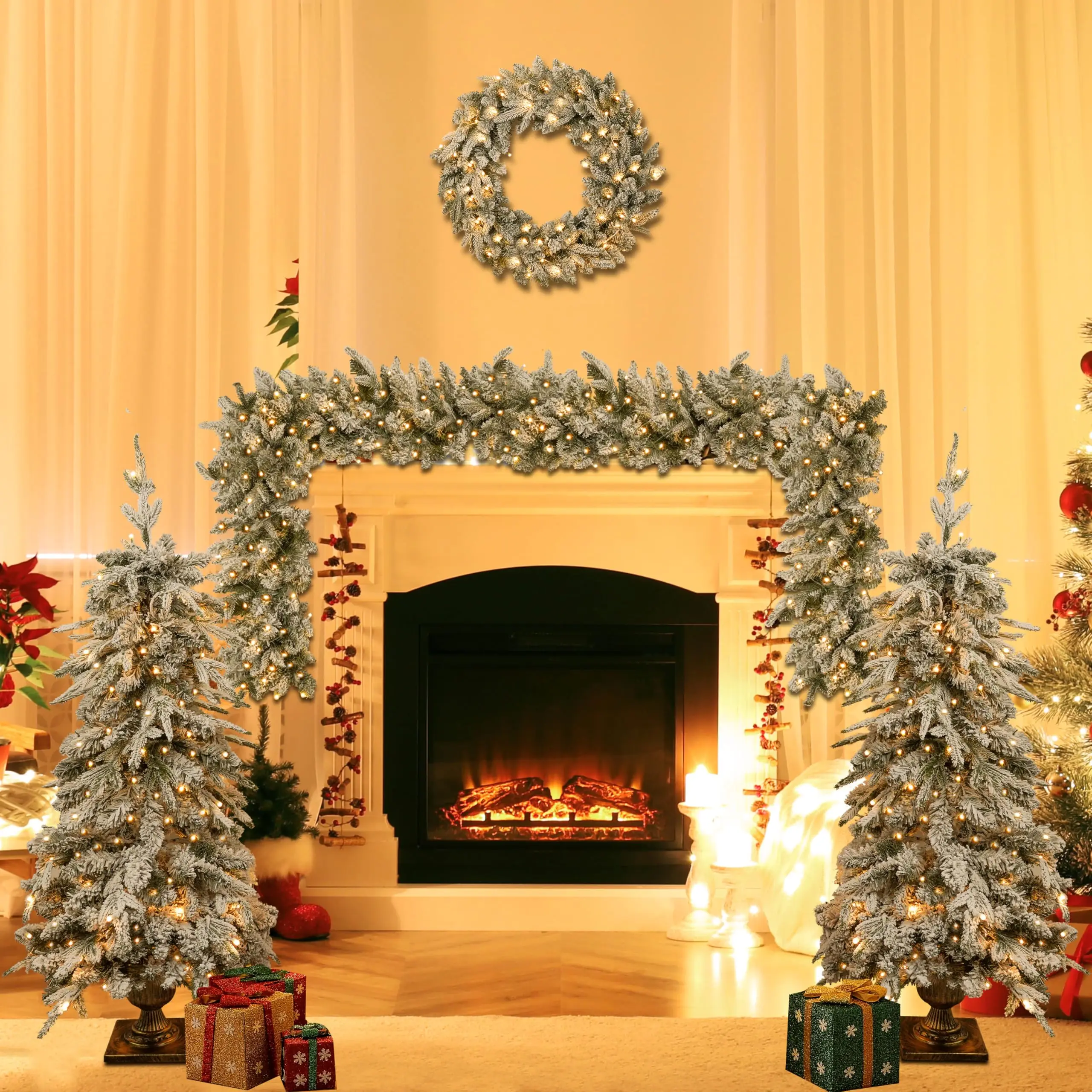 Prelit Christmas Tree Set of 4, Potted Christmas Trees Wreath Garland