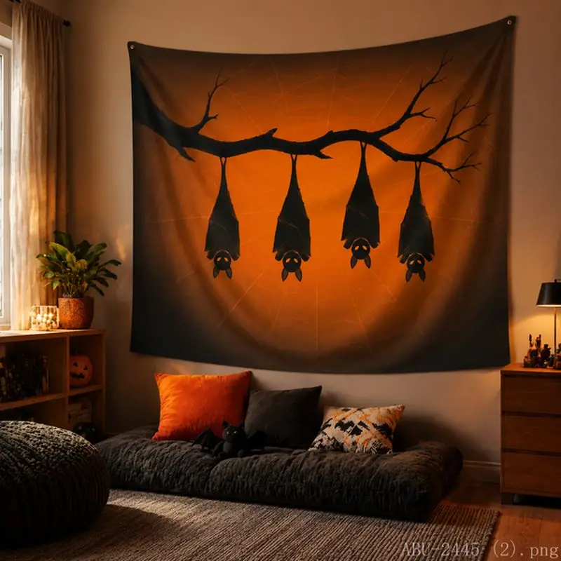 VIKAMA Orange Black Gradient Inverted Bat Dead Branch Spider Web Tapestry Tea Room Quiet Atmosphere Living Room Decoration