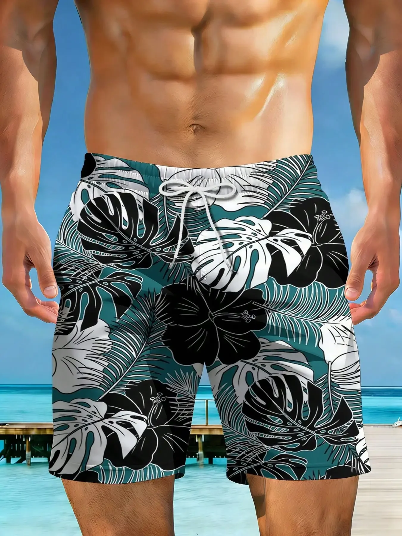 Men's Casual Beach Shorts, Hawaiian Style Fun Beachwear, Men's Printed Shorts, Stylish And Casual Look, Luxurious Drawstring Belt. Tropical Leaves And Flowers Pattern Print Suitable For Summer Outings, Vacations, And Beach Getaways.