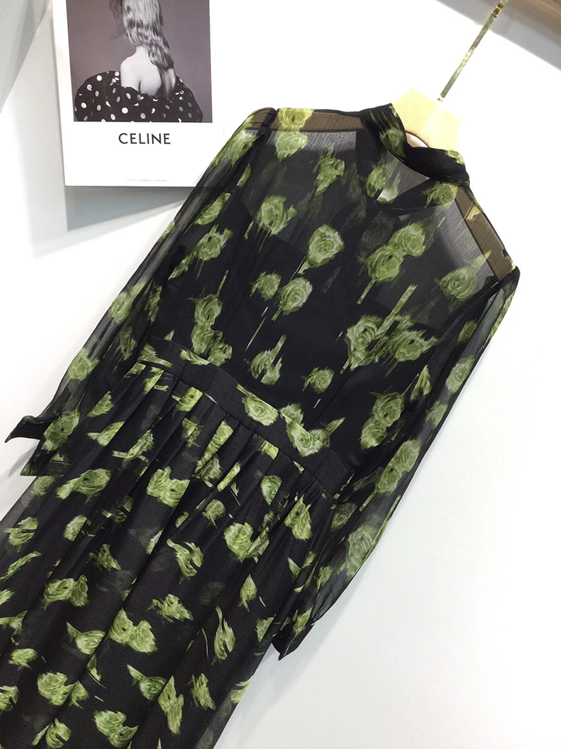 MIUXIMAO 2025 ชุดเดรสฤดูใบไม้ร่วงแฟชั่นชุดเดรสยาวแขนยาวพิมพ์ลายดอกไม้สีเขียวชุดสีดำผู้หญิงเวสติดส์โบว์