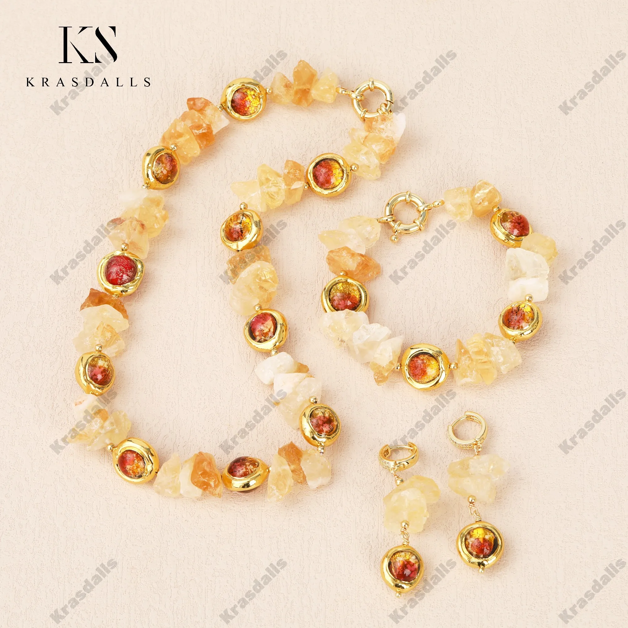 Bohemian Style Natural Citrine and Brown Glass Beads Necklace Fashion Design for Wedding and Engagement Strand Chain