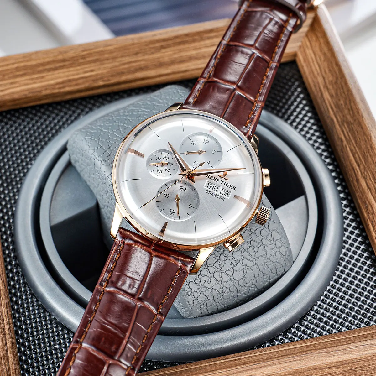 Reef Tiger RT Top Luxury Men's Watch White Dial Multi-Function Mechanical Wristwatch Relogio Masculino RGA1699