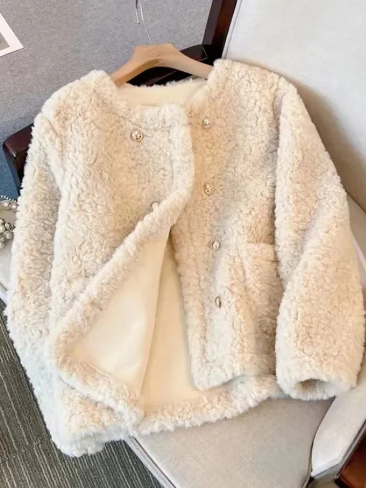 Jmprs Korean Faux Fur Sweet Coats Women Warm Thick Winter Long Sleeve Cute Jacket Casual O Neck Double Breasted Vintage New Tops