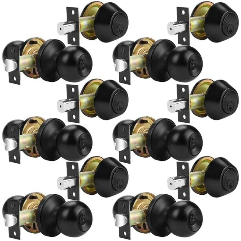 Probrico Front Door Keyed Entry Knobs and Single Cylinder Deadbolt Combo Sets, Flat Black, Keyed Alike Locksets,6 Pack