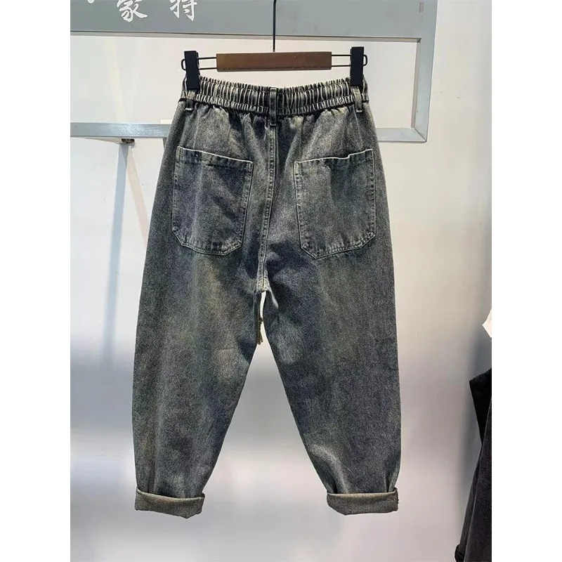 Spring Autumn 2025 Korean Style Loose Waistband Vintage Loose Denim Pants Men's Trendy Brand Radish Baggy Drawstring Harem Pants