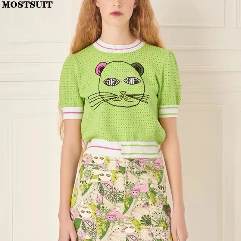 

Cat Crochet Knit Sweater T-shirt For Women Summer Casual Fashion Hollow Tees Tops Short Sleeve O-neck Stylish Ladies Knitwear