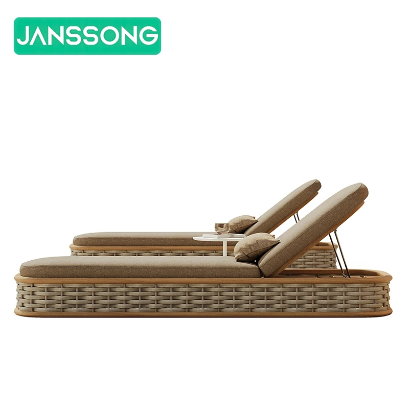 

Wood Sunbed Poolside Furniture Outdoor Sun Loungers Daybed Patio Furniture Teak Deckchair Rattan Lounge Bed Outdoor Furniture
