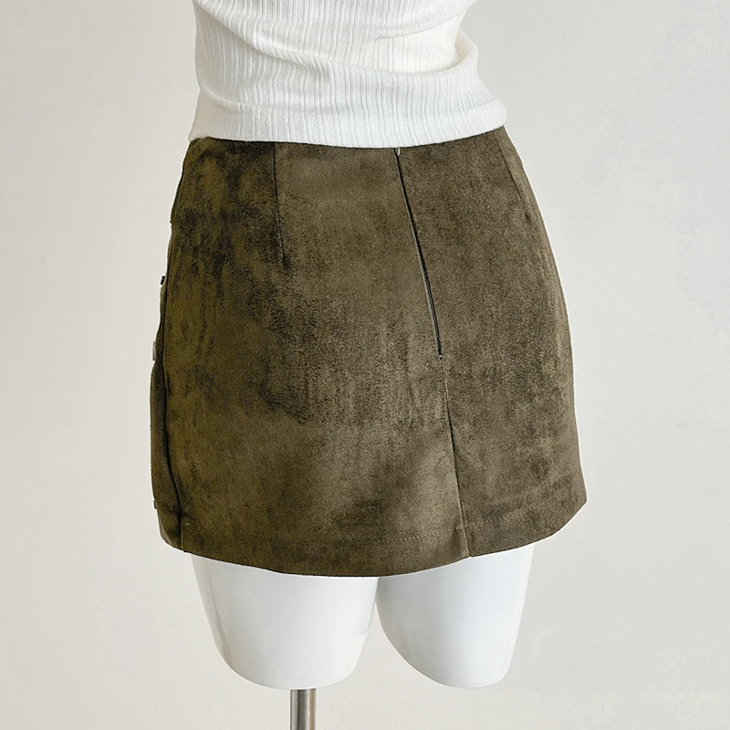 Koreaanse Mode Klinknagel Suede Mini Rokken Vrouwen Hoge Taille Lace-up Groene Rok 2026 Nieuwe Rok met Shorts Saias mujer