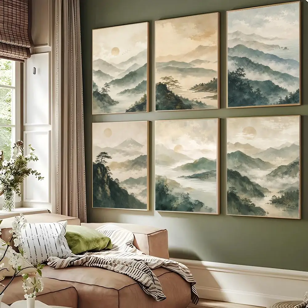 Misty Mountain Serenity Poster Wall Decor Self-Adhesive Aesthetic Modern Vibe Stylish Gift Friends Living Room Bedroom