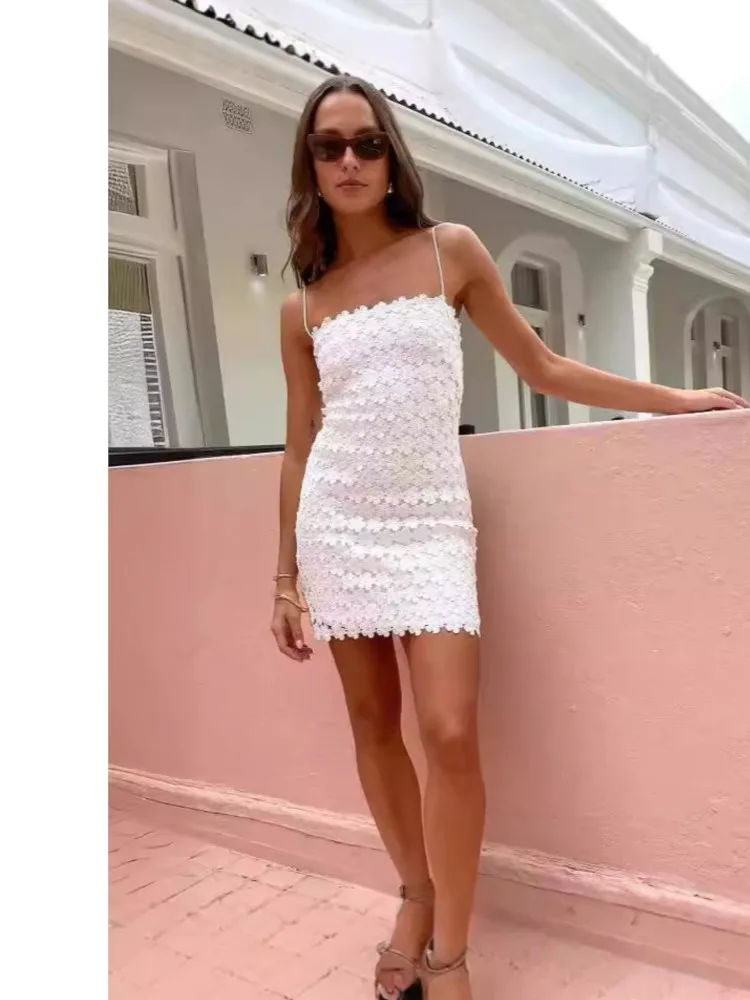 

2024 New Summer Sexy Vestidos Spaghetti Strap Lace Hollow Midi Party Dress For Women White Backless Elegant Dresses Vestido