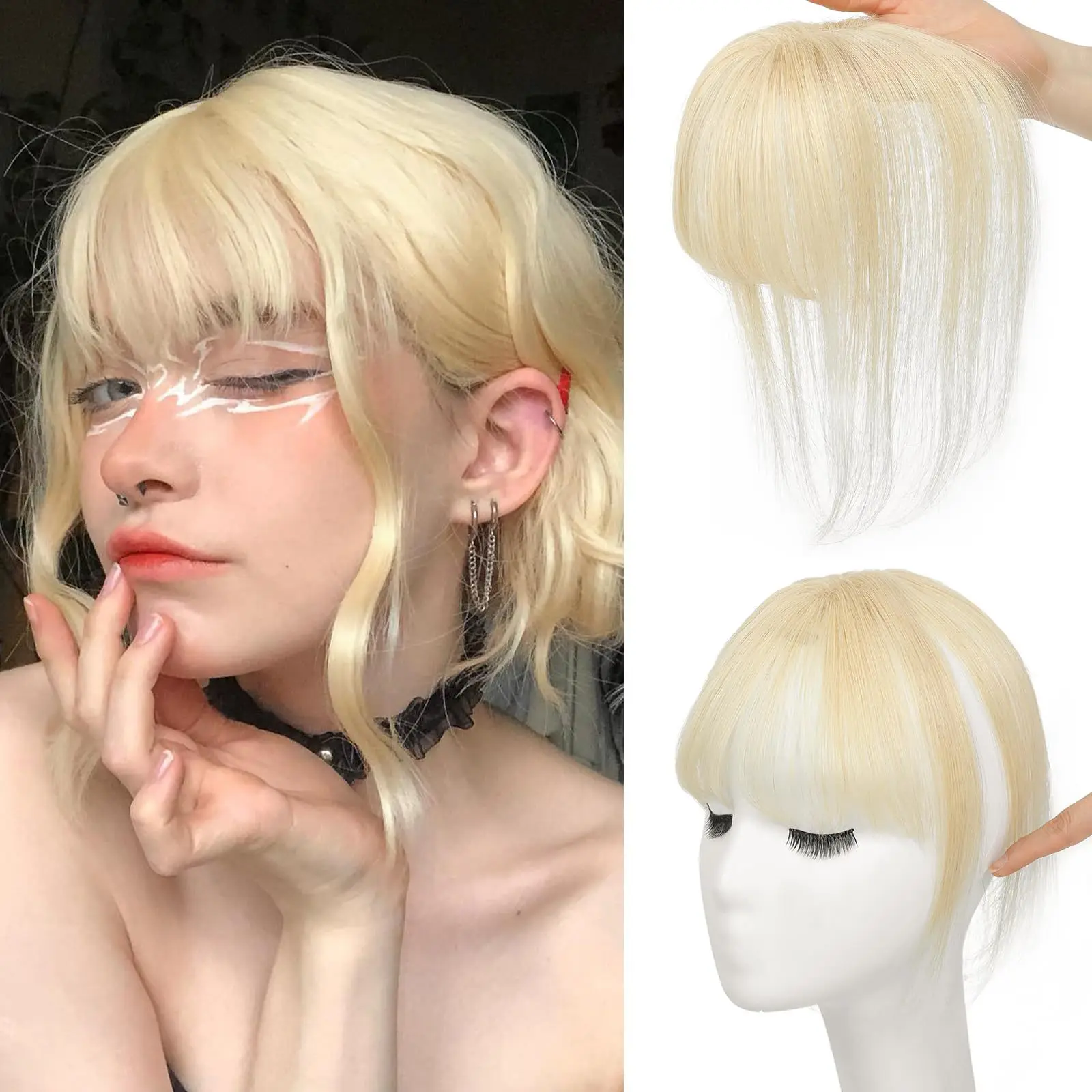 

100% Human Hair Bangs Women Natural Air Bangs Wig 3D Hair Topper Wig Pieces with Straight Bangs T-shaped Gold Hairpiece for Girl