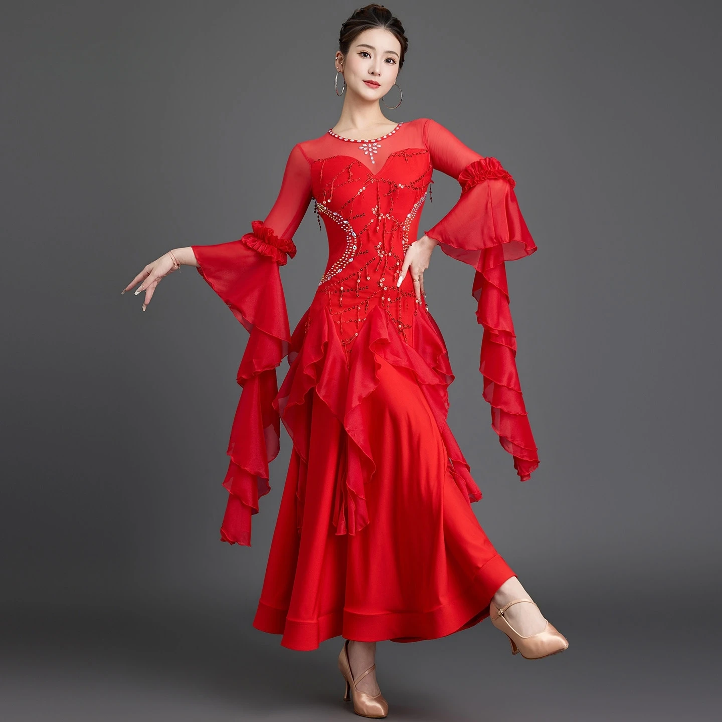 New Modern Dance Dress For Competition Performance Standard Waltz Ballroom Dance Dress Flowy Sequin Bell Sleeves Long Dress view 3