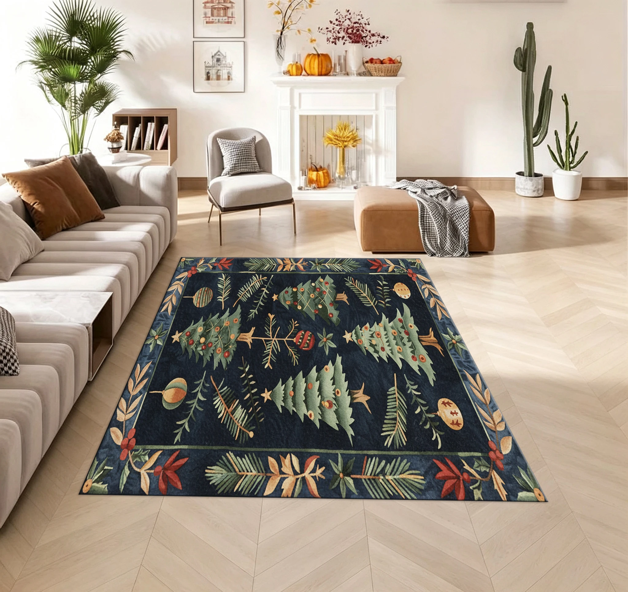 Vintage Christmas Tree Decorative Carpet Winter Holiday Pinecone Berry Border Rug Carpet