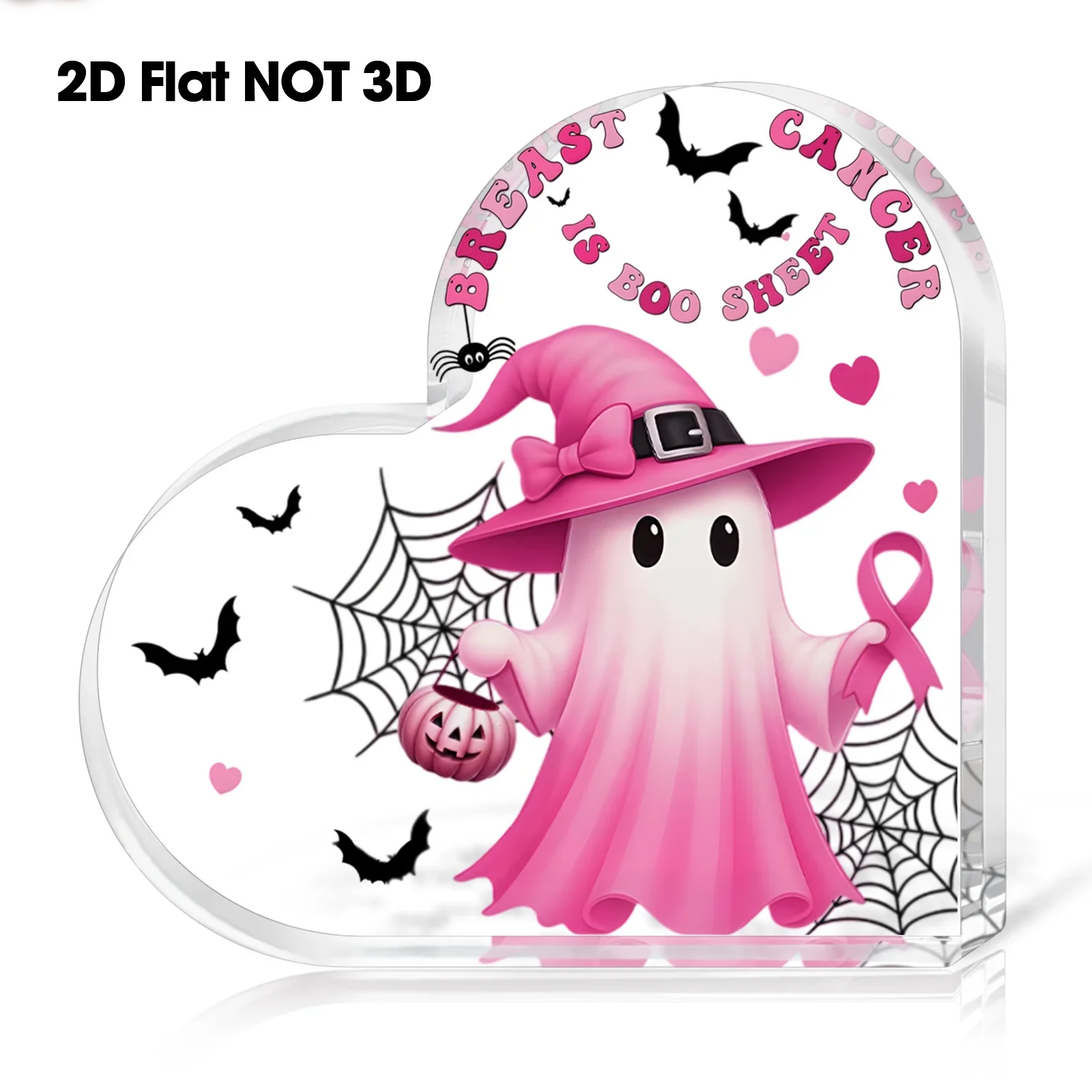 2D Flat Halloween Breast Cancer Heart-Shaped Acrylic Plaque, Bow Breast Cancer Ghost Decoration, Halloween Gift, Men And Women Gift, Friendship Gift, Friend Gift, Office, Home, Desktop Decoration Additions, Family Gift, Sisters Gift