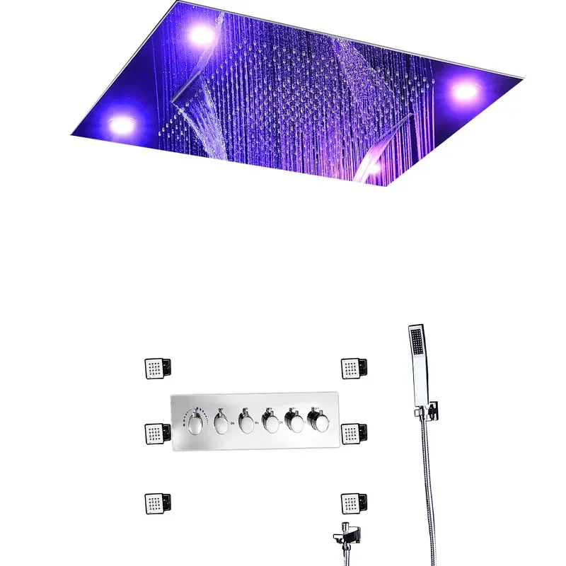 Massage Waterfall Shower Faucets Set Big LED RAIN MIST Ceiling Bath Body Jets 2 Inch Thermostatic 5 Ways Diverter Valve