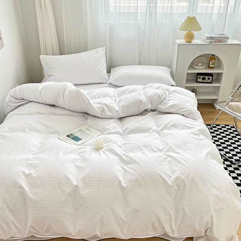 4Pcs Solid Color Waffle Bedding Set Soft Comfortable Sheets Quilt Cover Pillowcase Sleeping Naked Bedclothes for Four Seasons