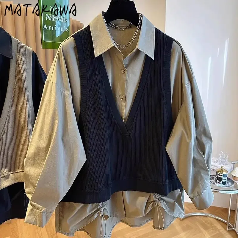 Matakawa Fake 2 Pieces Women Shirts&blouses Spring Autumn Loose Vintage Blusas Mujer Korean Fashion Casual Patchwork Camisas