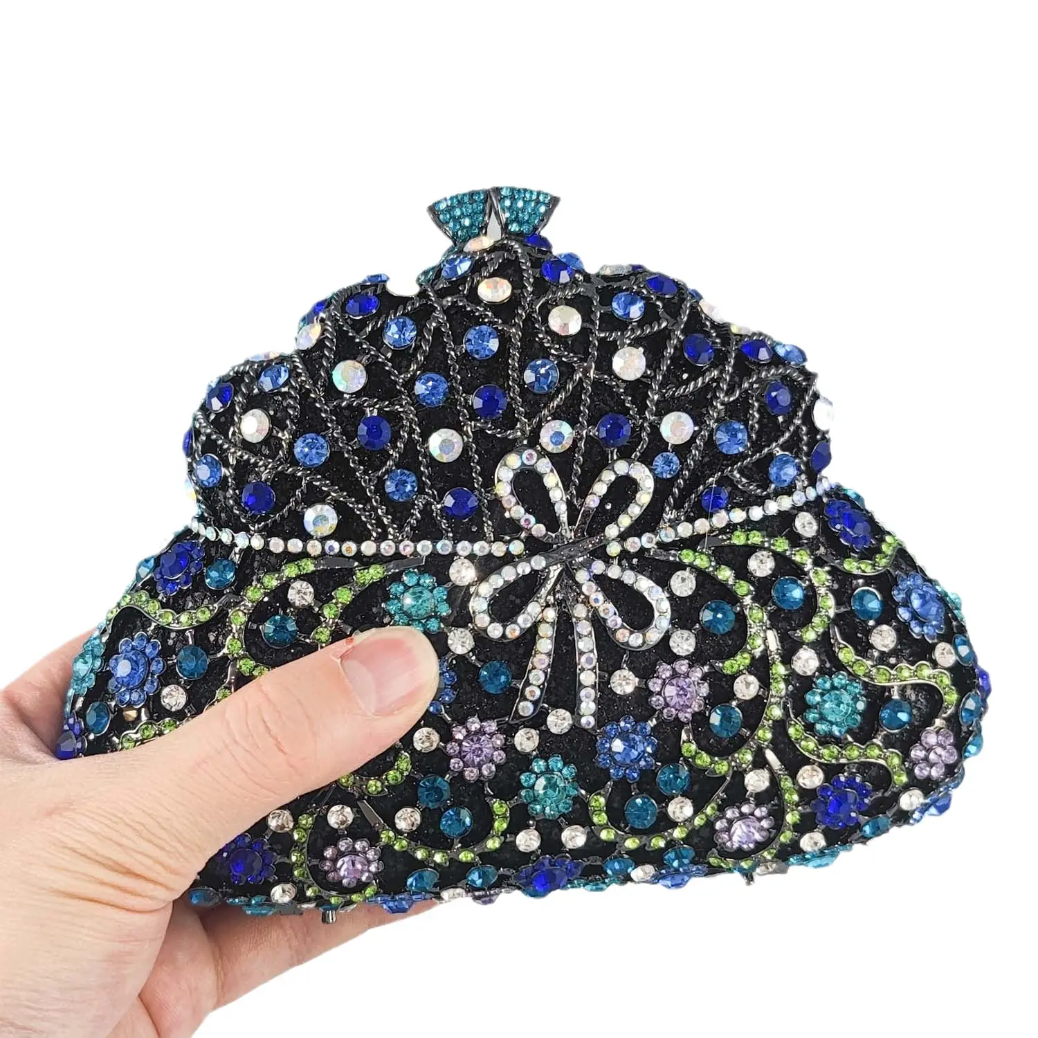 Boutique De FGG Gourd Shape Women Blue Evening Bags and Clutches with Bow Party Rhinestone Minaudiere Handbags Crystal Clutch