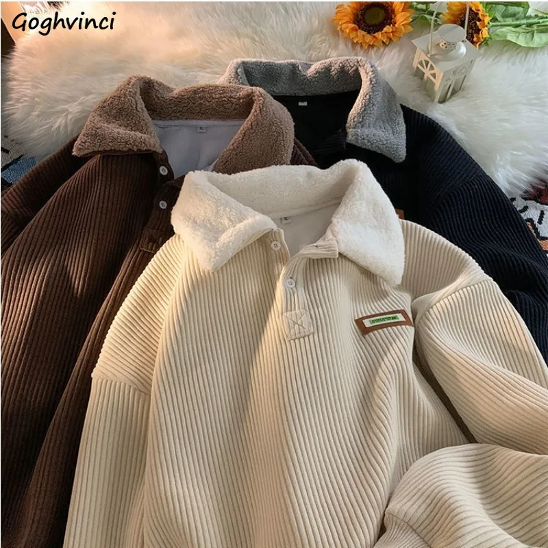 

Corduroy Plus Velvet Thicker Hoodies Women No Hat Buttons Solid Color Keep Warm Autumn Winter All-match Turn-down Collar Loose