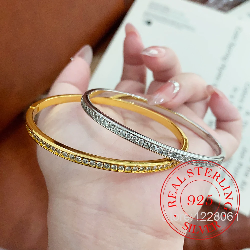 New Arrival Trendy Single Row Paved Cubic Zircon 925 Sterling Silver Female Bangle Promotion Jewelry For Women Gifts No Fade