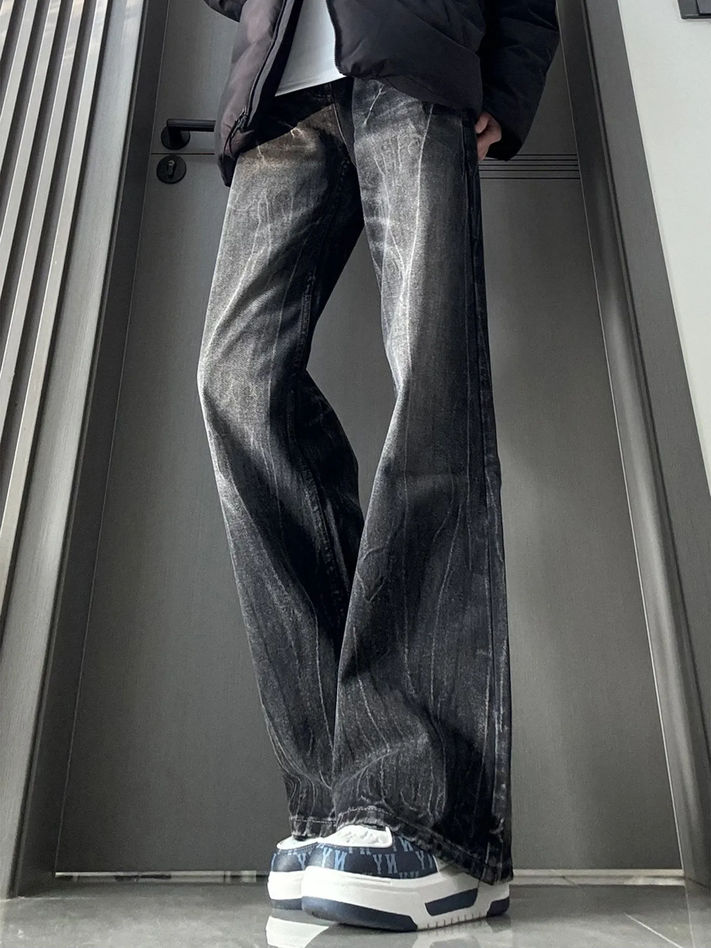 Black Split Lightning Pattern Cowboy Jeans Men's Stylish Cleanfit Flared Workwear Pants Leg Lengthening Straight Cut