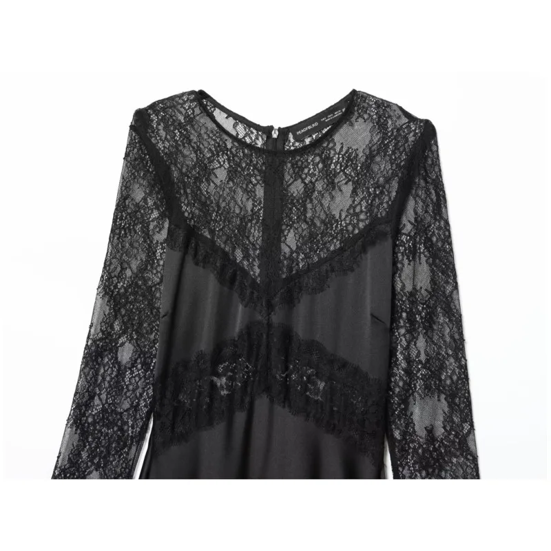 ربيع الخريف المرأة الساتان فستان طويل مع الدانتيل مجتمعة عادية أنيقة سليم المرأة فستان موضة فستان الحفلات النسائية