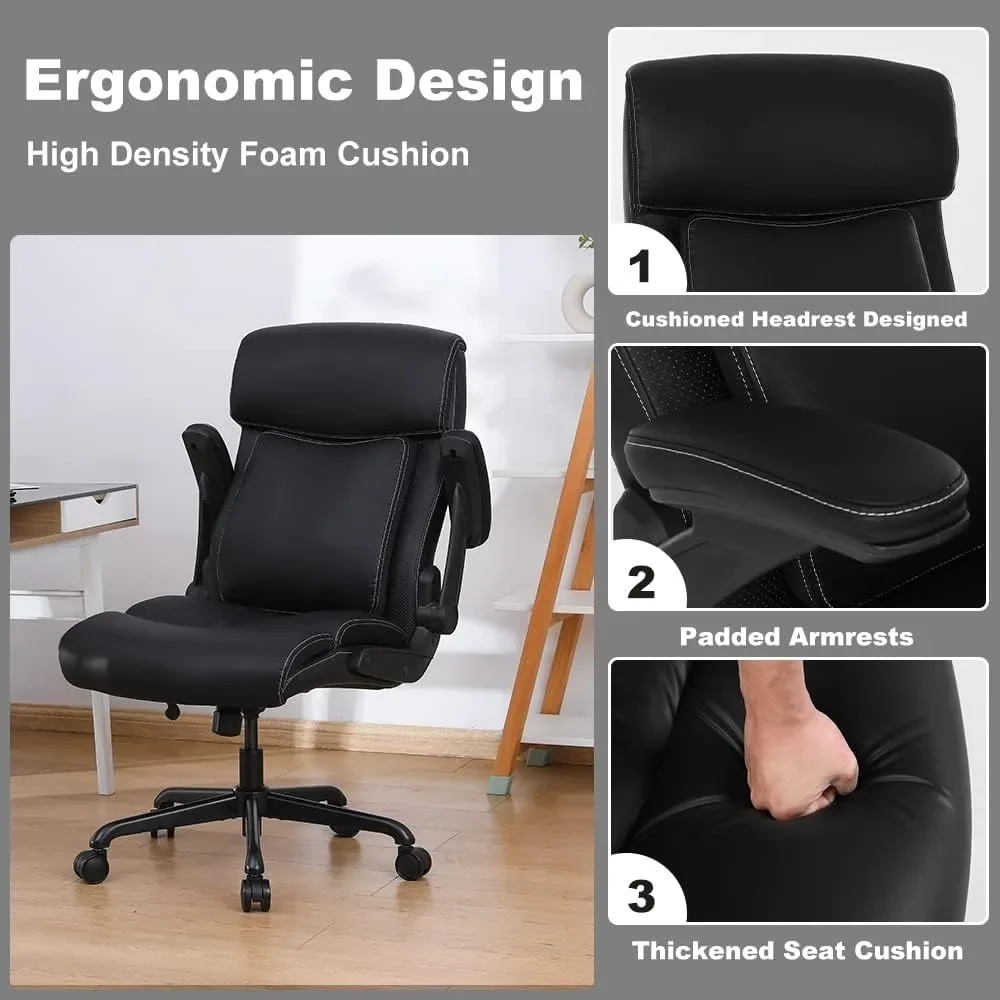 Executive Office Chair, Adjustable Height Office Chair, Ergonomic High Back Leather Office Chair with Flip-up Armrests (Black)