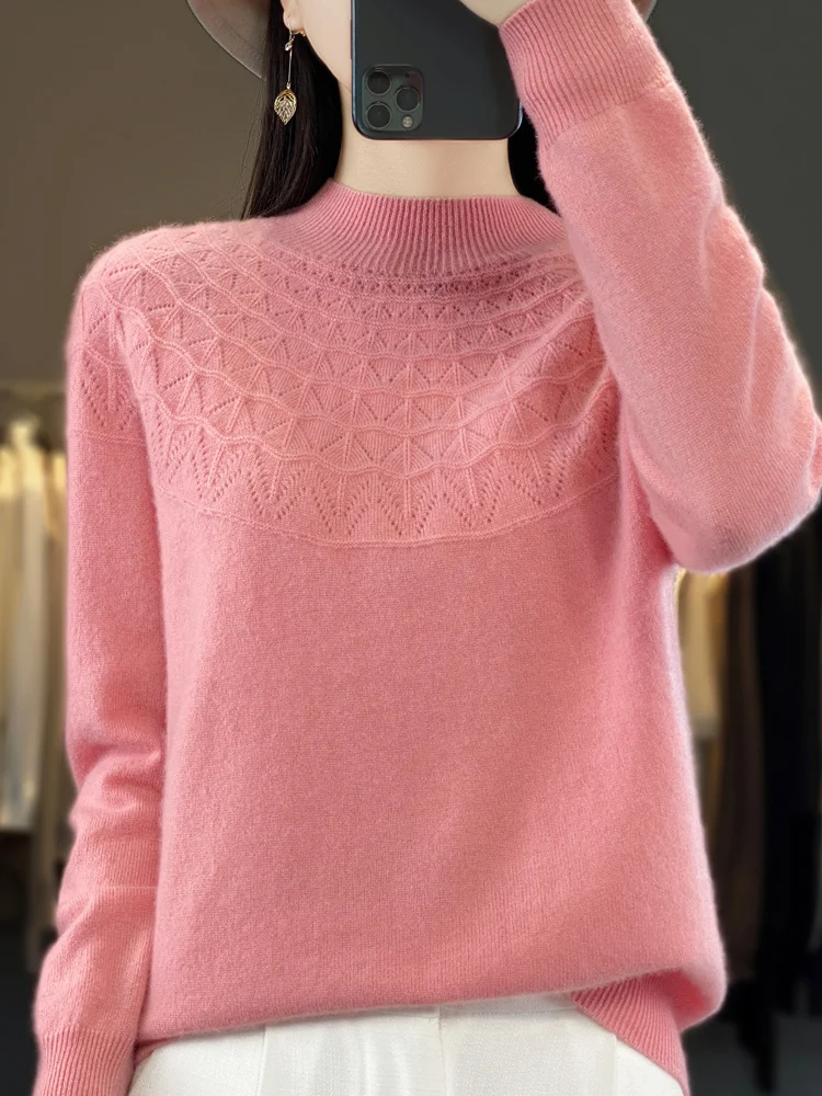 Autumn Winter Women Wool Pullover Mock-neck Basic Sweater 100% Merino Wool Hollow Solid Cashmere Knitwear Female Bottoming Shirt