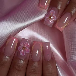24Pcs Coffin Handmade Press On Nails Full Cover Blush Pink Flower Design Glitter French False Nails Wearable Manicure Nail Tips